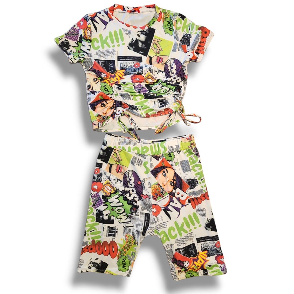 Roma Concept Comic Crop‎ Shirt & Biker Shorts SZ M,XL Loungewear Workout